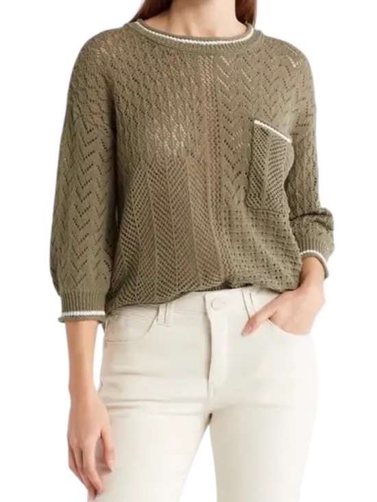 Democracy Sweaters - Democracy Pointelle Tipped Sweater - Olive Green Size S